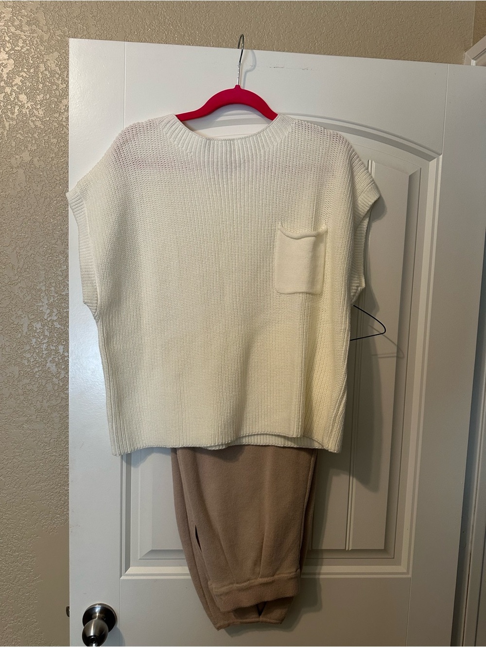 Cream Knit Boxy Short-Sleeve Sweater Top with beige wide leg ankle length pants